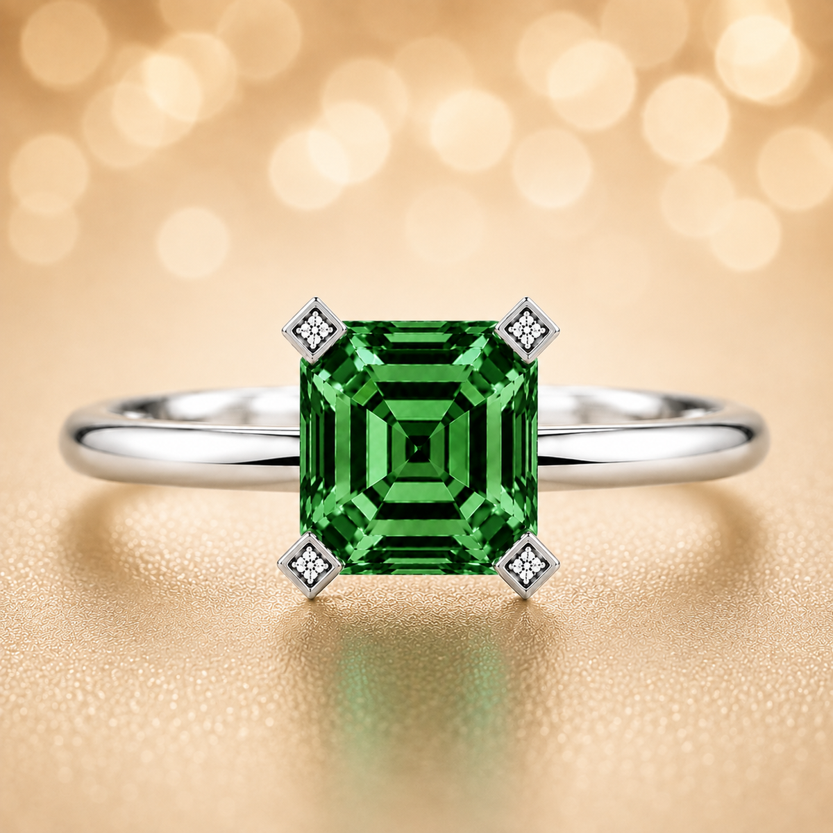 Vibrant green sapphire engagement ring with a 6 mm asscher-cut center stone, crafted in white gold plated 925 silver. Available now at BSI Jewelry.