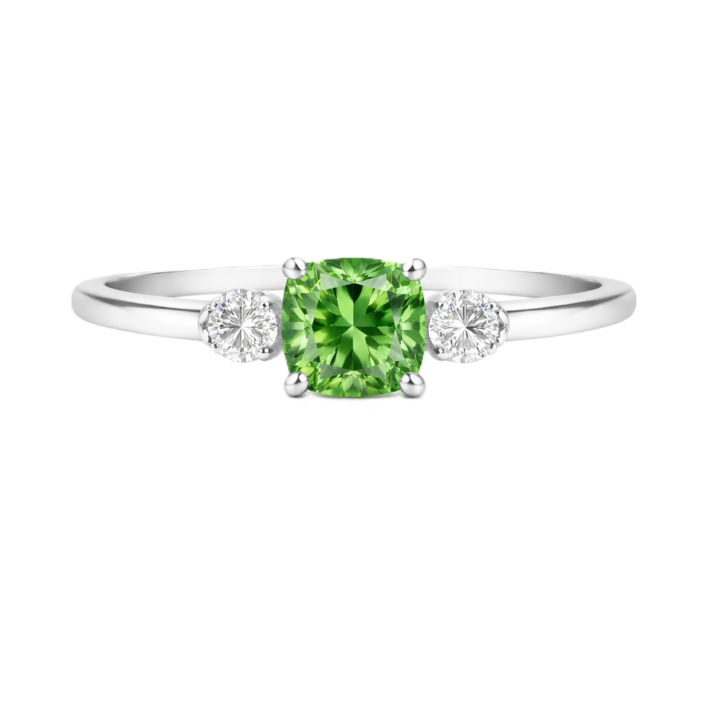Green sapphire engagement ring, 6 mm cushion, crafted in white gold-plated 925 silver. Elegant and timeless for daily wear. Available now at BSI Jewelry.