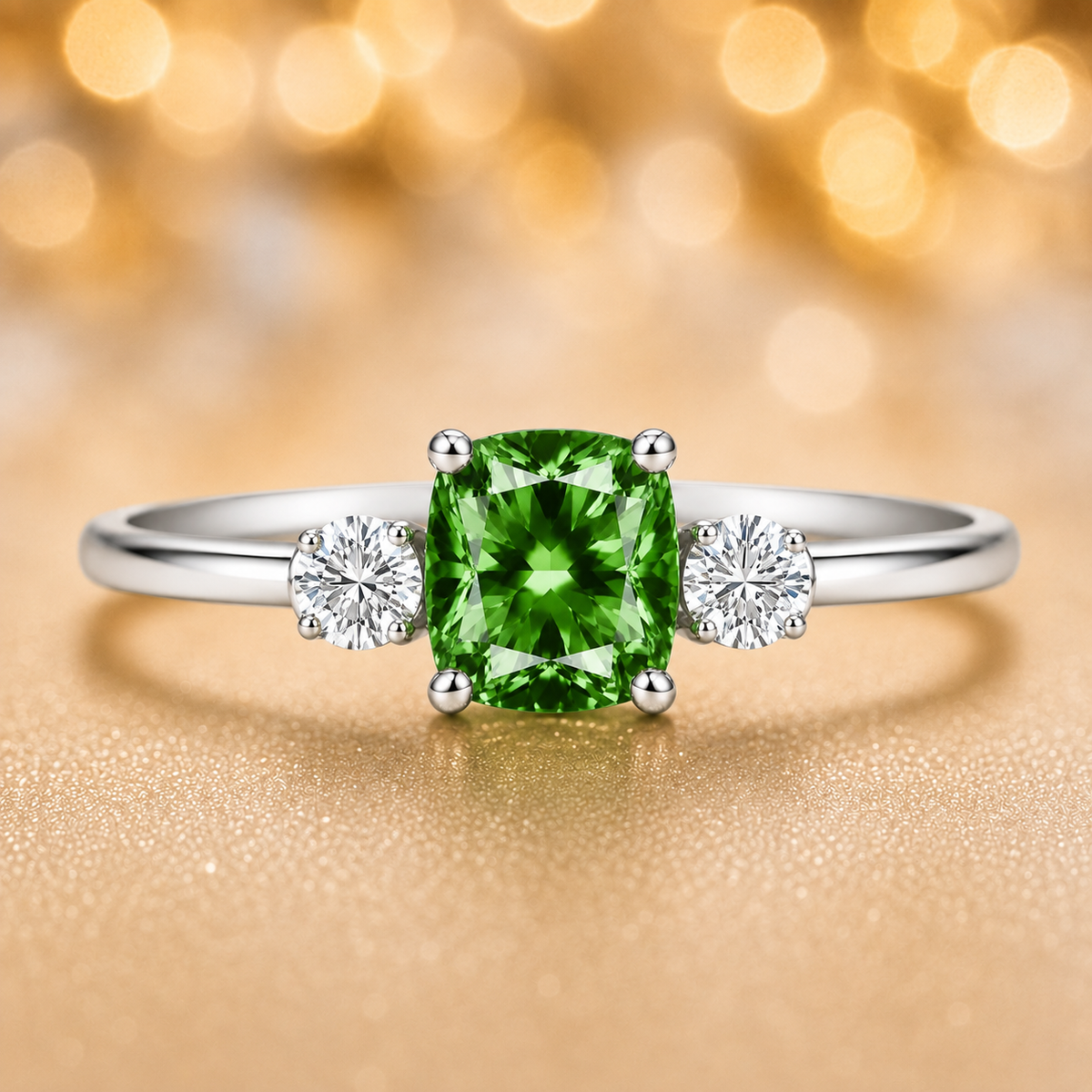 Green sapphire engagement ring, 6 mm cushion, crafted in white gold-plated 925 silver. Elegant and timeless for daily wear. Available now at BSI Jewelry.