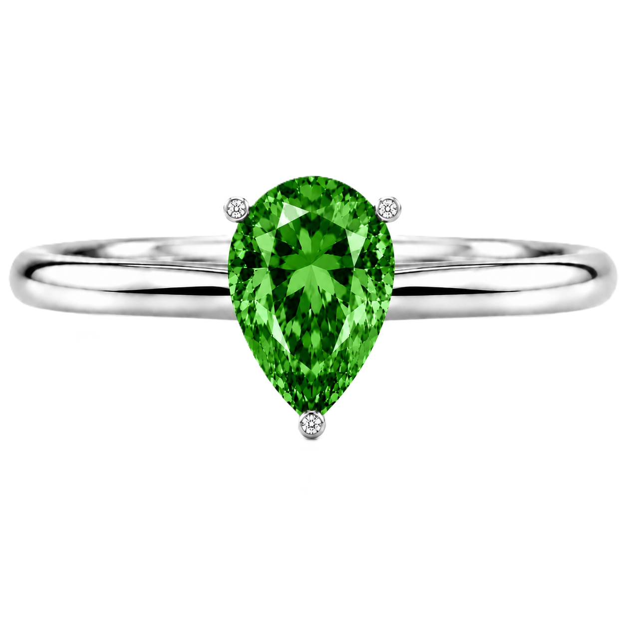 Vibrant green sapphire engagement ring with a 6×4 mm pear-cut center stone, crafted in white gold plated 925 silver. Available now at BSI Jewelry.