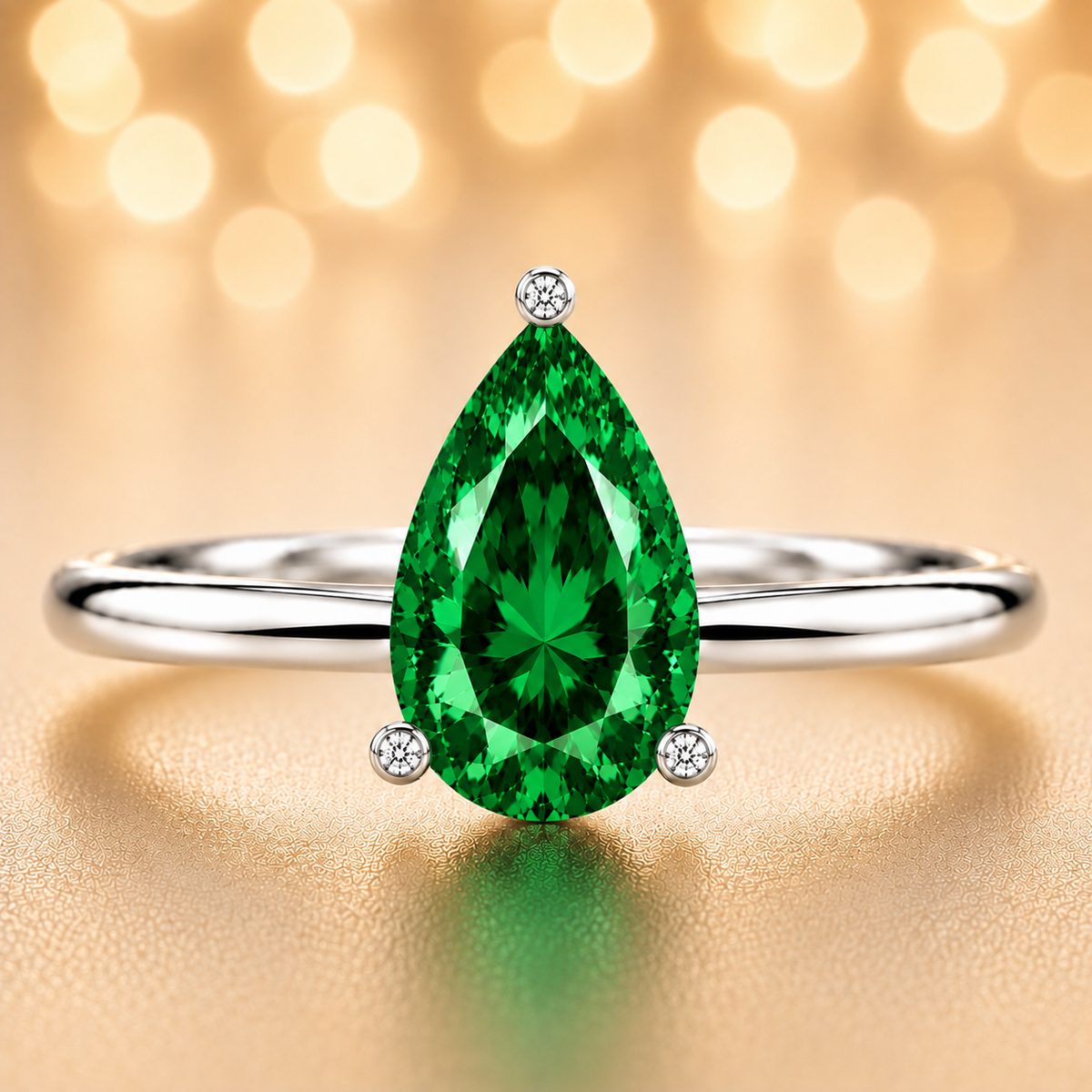 Vibrant green sapphire engagement ring with a 6×4 mm pear-cut center stone, crafted in white gold plated 925 silver. Available now at BSI Jewelry.