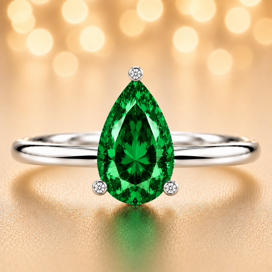Vibrant green sapphire engagement ring with a 6×4 mm pear-cut center stone, crafted in white gold plated 925 silver. Available now at BSI Jewelry.