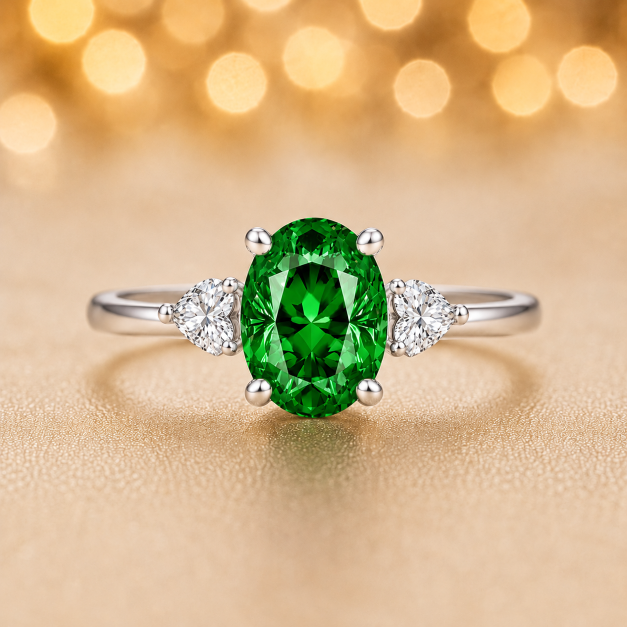 Green sapphire engagement ring with 6×4 mm oval center and elegant three-stone design, crafted in white gold-plated 925 silver. Available now at BSI Jewelry.