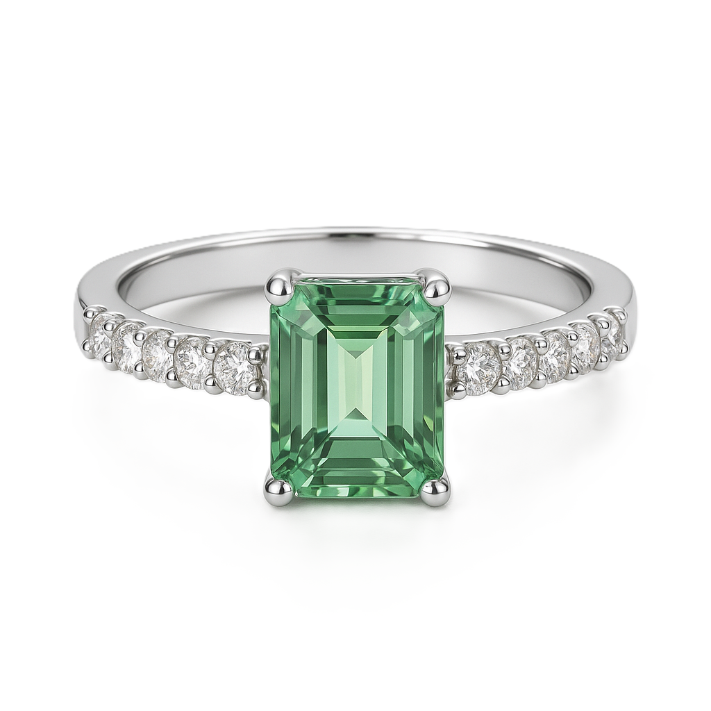 7×5mm emerald-cut Green Sapphire ring with Moissanite accents in white-gold-plated 925 silver. Elegant, luminous, and hypoallergenic. Available at BSI Jewelry.