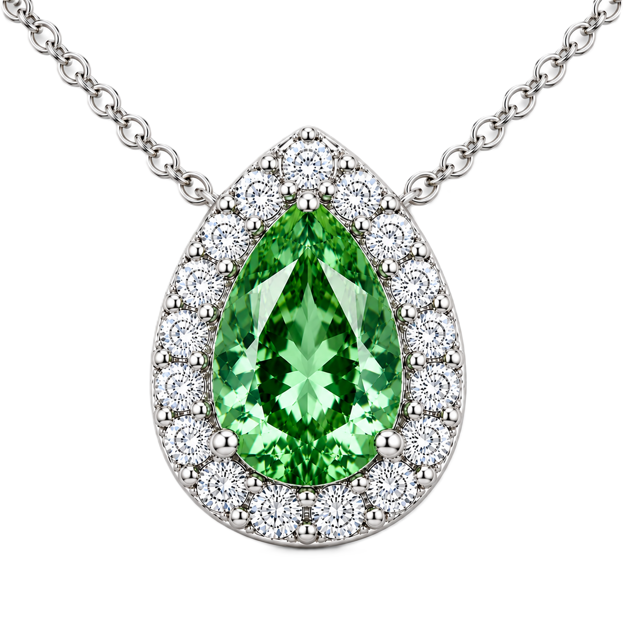 Green Sapphire Halo Necklace with pear-cut sapphire and brilliant moissanite halo in white gold plated 925 silver.