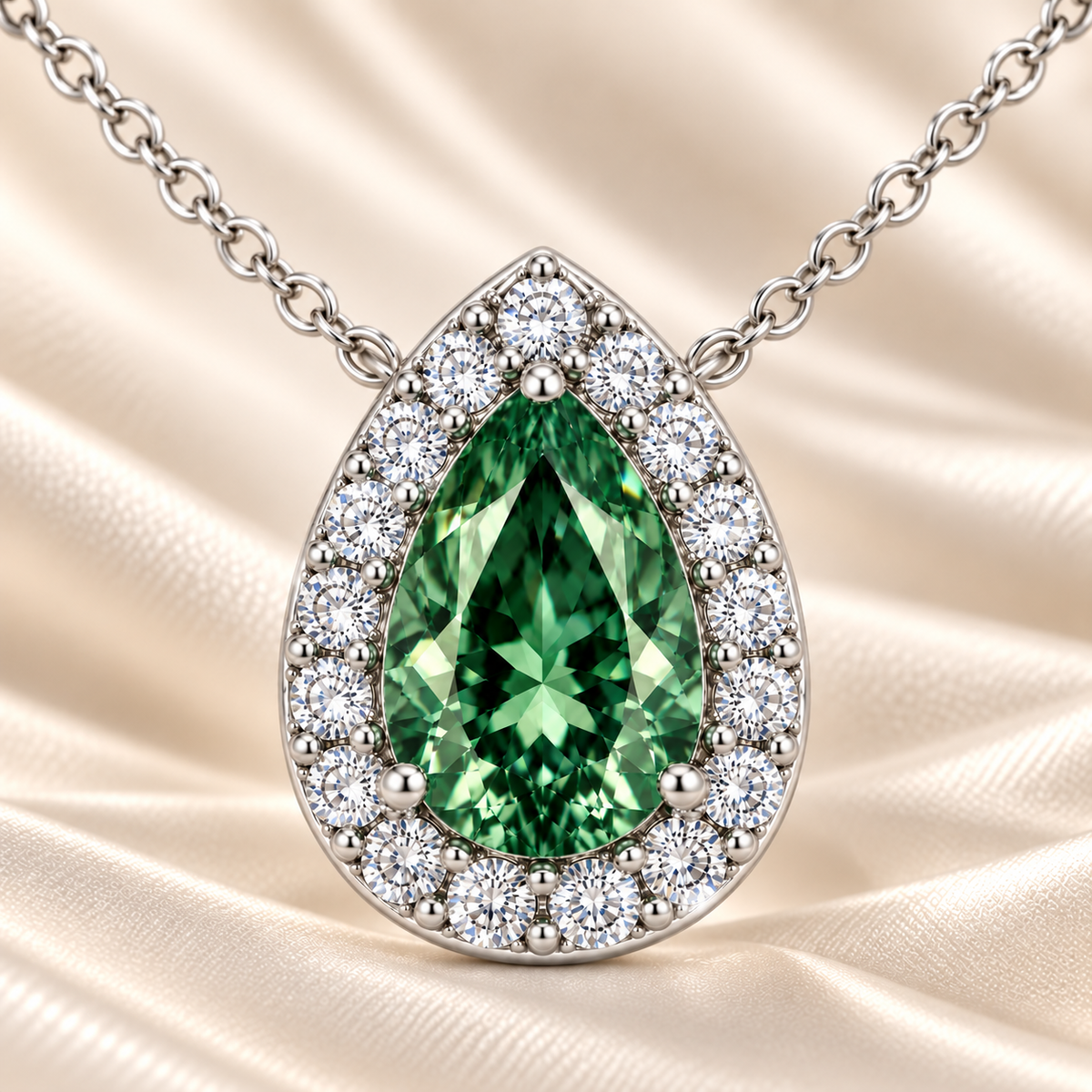 Green Sapphire Halo Necklace with pear-cut sapphire and brilliant moissanite halo in white gold plated 925 silver.