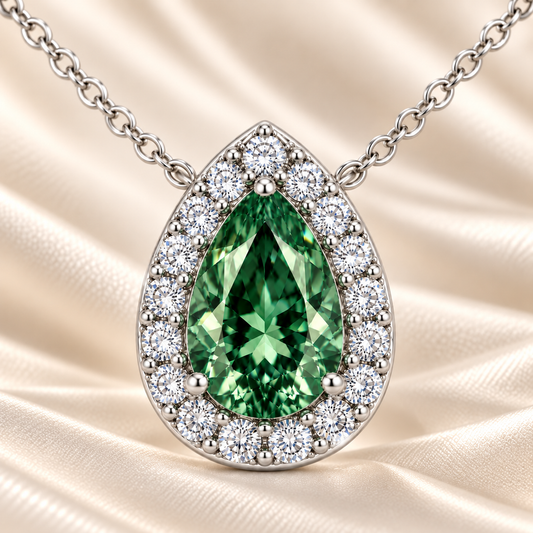 Green Sapphire Halo Necklace with pear-cut sapphire and brilliant moissanite halo in white gold plated 925 silver.