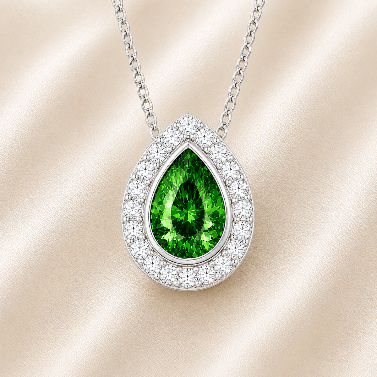 Green sapphire halo pendant with 7×5 mm pear cut in white gold-plated 925 silver, accented with moissanite. Elegant and refined. Available now at BSI Jewelry.