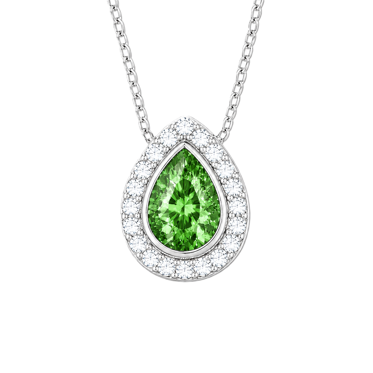 Green sapphire halo pendant with 7×5 mm pear cut in white gold-plated 925 silver, accented with moissanite. Elegant and refined. Available now at BSI Jewelry.