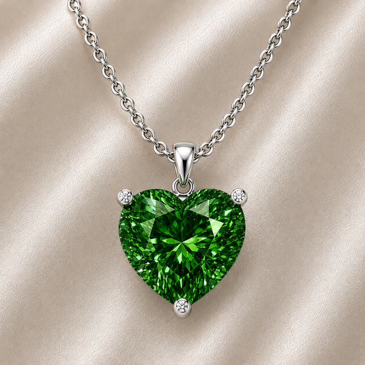 Green sapphire heart necklace featuring a vibrant 6 mm heart gemstone in white gold-plated 925 silver. Elegant, romantic, and available now at BSI Jewelry.