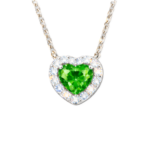 Green sapphire heart pendant with 6 mm center stone in white gold-plated 925 silver. Fresh and elegant for everyday wear. Available now at BSI Jewelry.