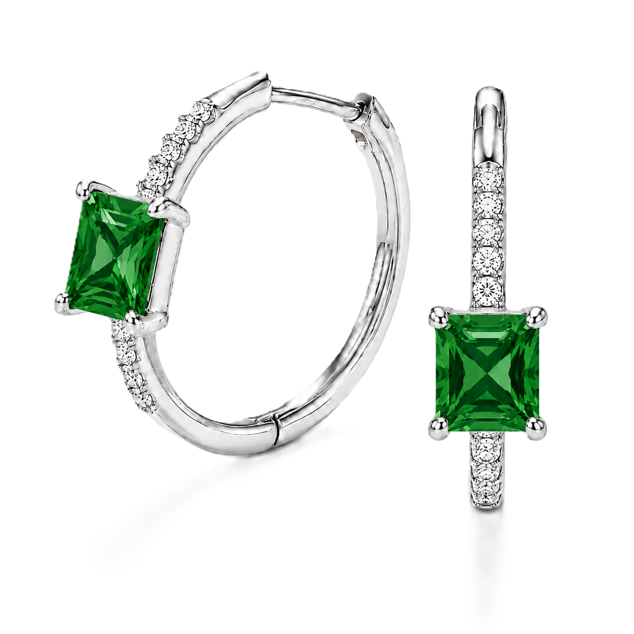Green sapphire huggie earrings featuring vibrant 5 mm square green sapphires and sparkling accents in white gold plated 925 silver. Available now at BSI Jewelry.