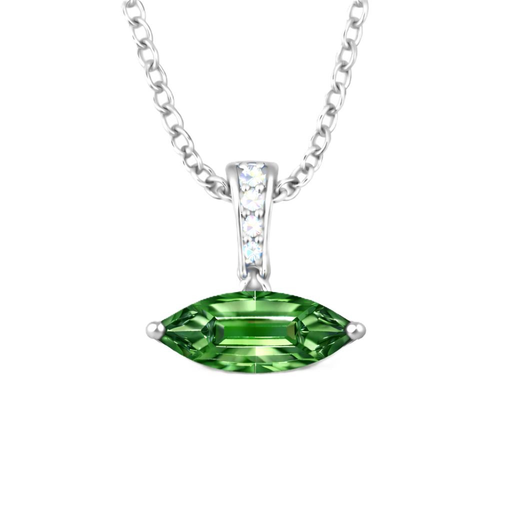 Green sapphire marquise pendant with an 8×5 mm gemstone in white gold-plated 925 silver with moissanite accents. Elegant and refined. Available now at BSI Jewelry.