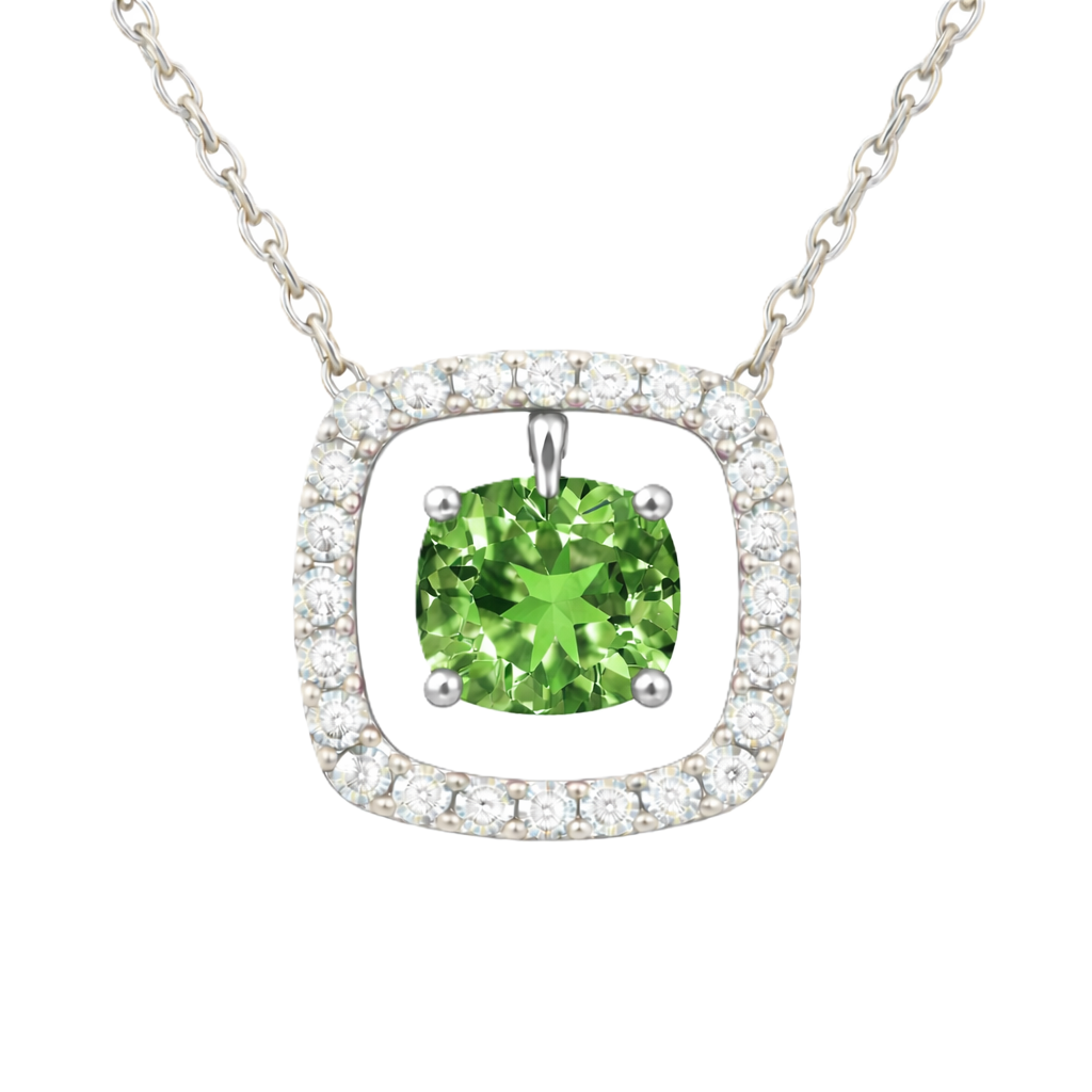 Green sapphire necklace with a 6 mm cushion cut and moissanite halo, crafted in white gold-plated 925 silver. Elegant and refined. Available now at BSI Jewelry.