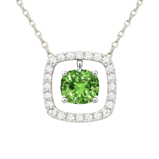 Green sapphire necklace with a 6 mm cushion cut and moissanite halo, crafted in white gold-plated 925 silver. Elegant and refined. Available now at BSI Jewelry.