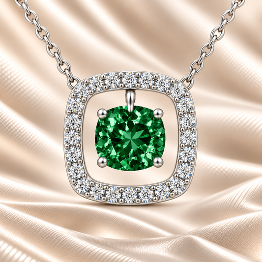 Green sapphire necklace with a 6 mm cushion cut and moissanite halo, crafted in white gold-plated 925 silver. Elegant and refined. Available now at BSI Jewelry.