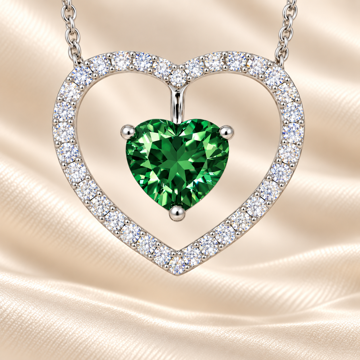 Green sapphire necklace with a 6 mm heart cut and moissanite halo, crafted in white gold-plated 925 silver. Elegant and refined. Available now at BSI Jewelry.