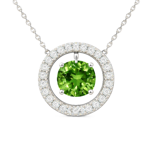 Green sapphire necklace with a 6 mm round cut in white gold-plated 925 silver and moissanite accents. Elegant for daily wear. Available now at BSI Jewelry.