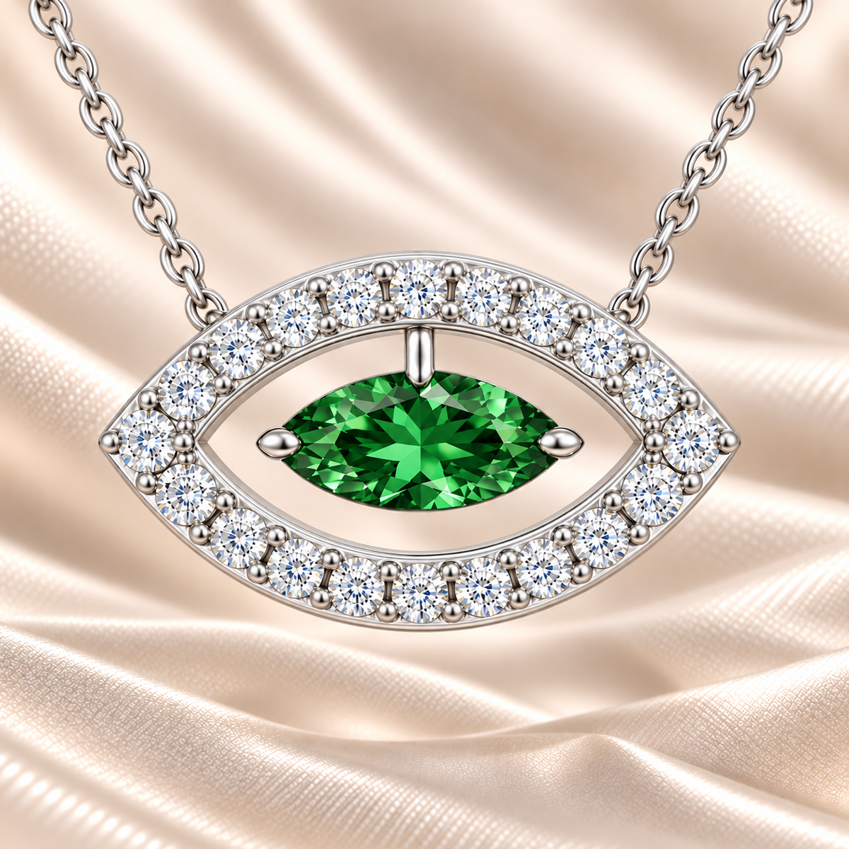 Green sapphire necklace with a 7×3.5 mm marquise cut in white gold-plated 925 silver and moissanite accents. Elegant for daily wear. Available now at BSI Jewelry.