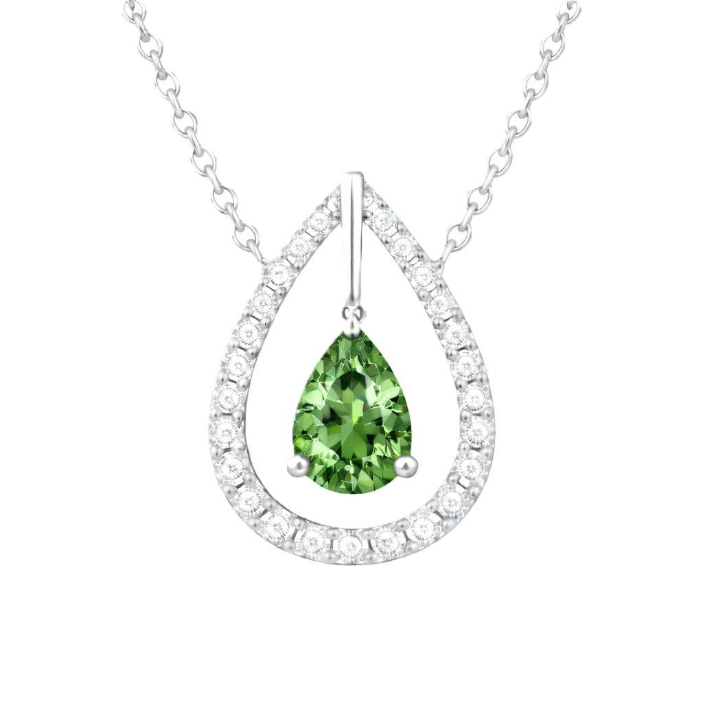 Green sapphire necklace with a 7×5 mm pear cut and moissanite halo, crafted in white gold-plated 925 silver. Elegant and refined. Available now at BSI Jewelry.