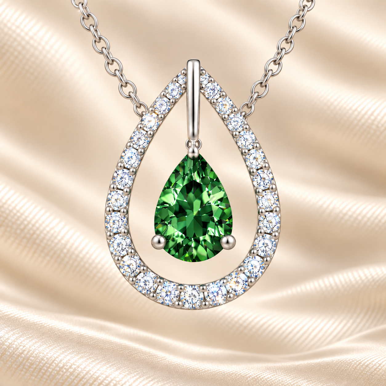 Green sapphire necklace with a 7×5 mm pear cut and moissanite halo, crafted in white gold-plated 925 silver. Elegant and refined. Available now at BSI Jewelry.