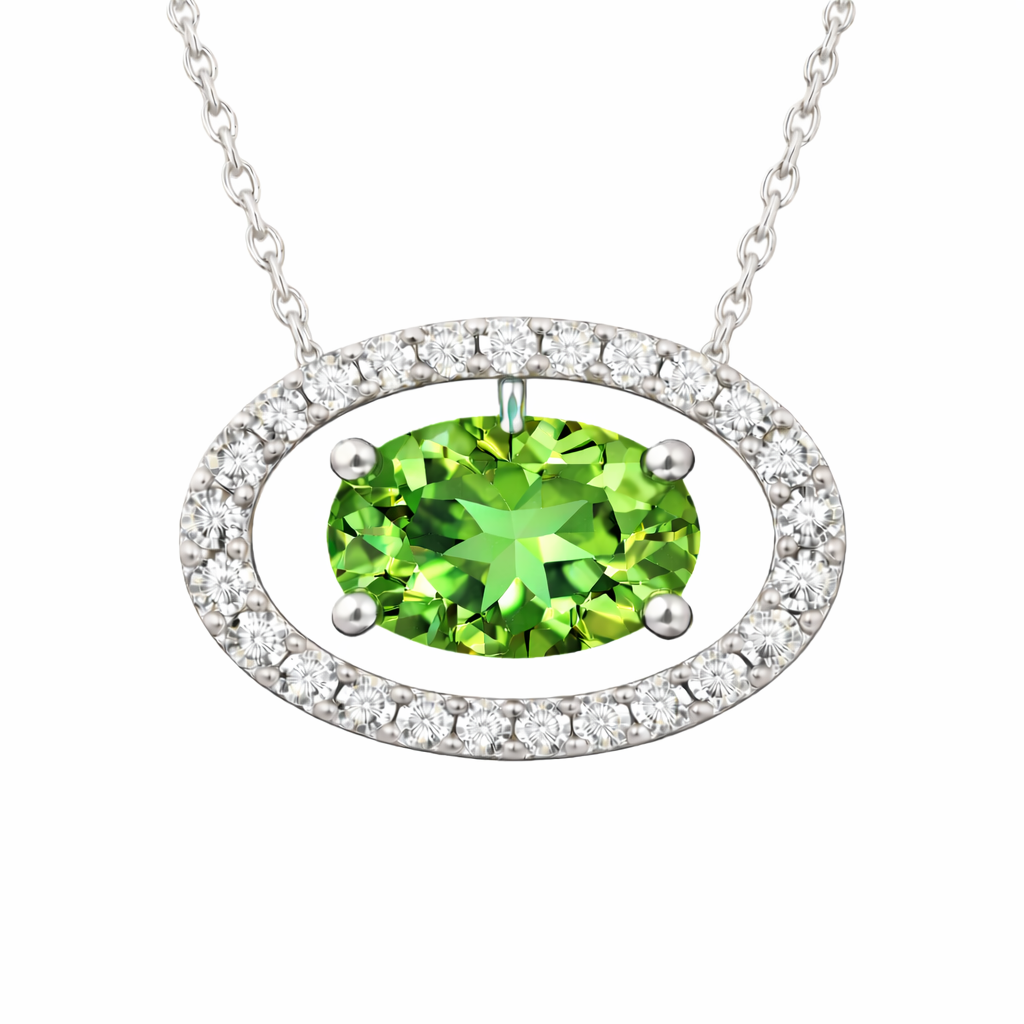 Green sapphire necklace with an 8×5 mm oval cut and moissanite halo, crafted in white gold-plated 925 silver. Elegant and refined. Available now at BSI Jewelry.
