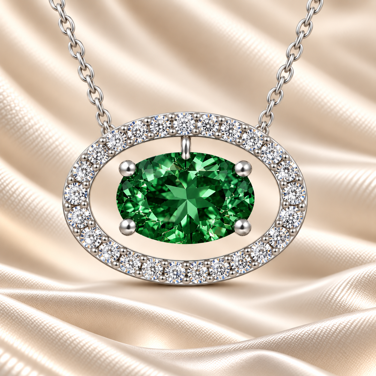 Green sapphire necklace with an 8×5 mm oval cut and moissanite halo, crafted in white gold-plated 925 silver. Elegant and refined. Available now at BSI Jewelry.