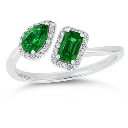 Green sapphire open ring with 5×3 mm pear and emerald stones in white gold plated 925 silver. Elegant and modern design. Available now at BSI Jewelry.