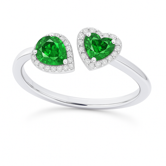 Green sapphire open ring with 6×4 mm pear and 5 mm heart cuts, crafted in white gold-plated 925 silver. Fresh and hypoallergenic. Available now at BSI Jewelry.
