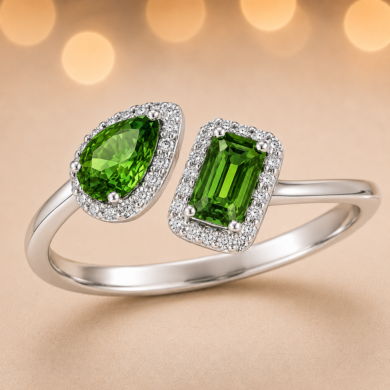 Green sapphire open ring, 6×4 mm pear and emerald cuts, in white gold-plated 925 silver. Hypoallergenic and elegant for daily wear. Available now at BSI Jewelry.