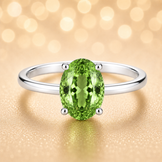 Elegant 7×5 mm green sapphire oval solitaire ring in white-gold-plated 925 silver. Timeless brilliance with a vibrant, refined style. Available at BSI Jewelry.