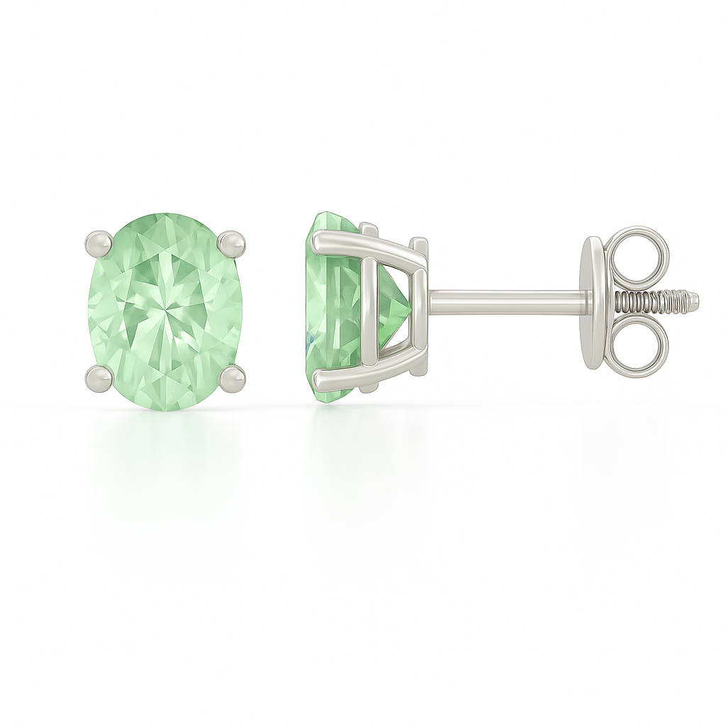 Elegant 6×4mm oval-cut Green Sapphire stud earrings in white-gold-plated 925 silver, hypoallergenic and safe to wear. Available now at BSI Jewelry.