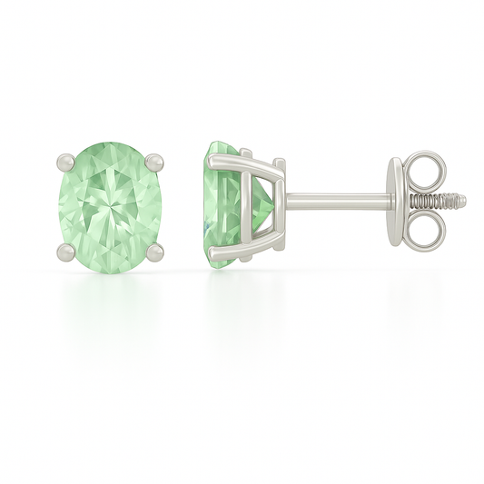 Elegant 6×4mm oval-cut Green Sapphire stud earrings in white-gold-plated 925 silver, hypoallergenic and safe to wear. Available now at BSI Jewelry.