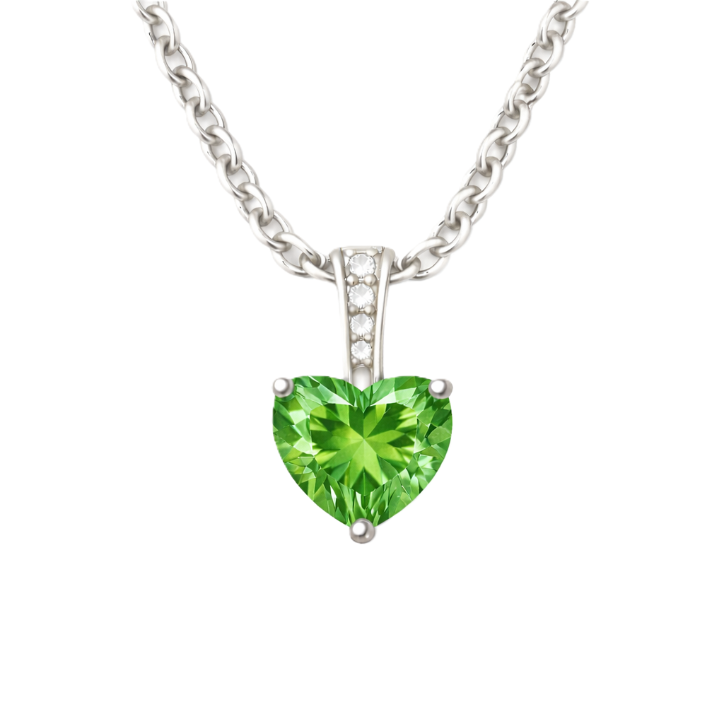 Green sapphire pendant with a 6 mm heart cut, crafted in white gold-plated 925 silver. Elegant and refined for daily wear. Available now at BSI Jewelry.