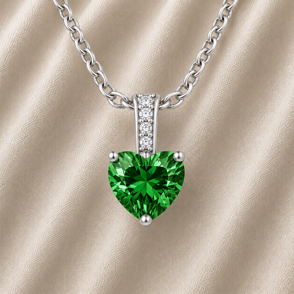 Green sapphire pendant with a 6 mm heart cut, crafted in white gold-plated 925 silver. Elegant and refined for daily wear. Available now at BSI Jewelry.