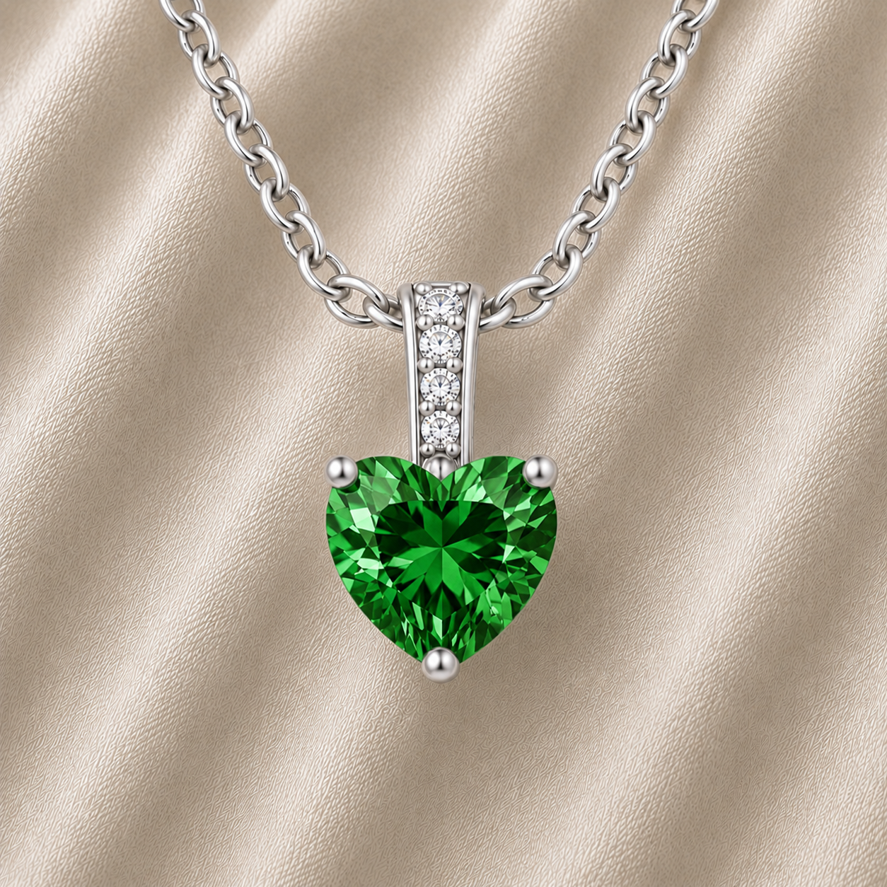 Green sapphire pendant with a 6 mm heart cut, crafted in white gold-plated 925 silver. Elegant and refined for daily wear. Available now at BSI Jewelry.