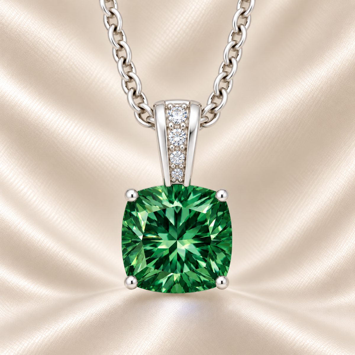 Green sapphire pendant with a 6 mm cushion gemstone in white gold-plated 925 silver, accented with moissanite. Elegant and refined. Available now at BSI Jewelry.