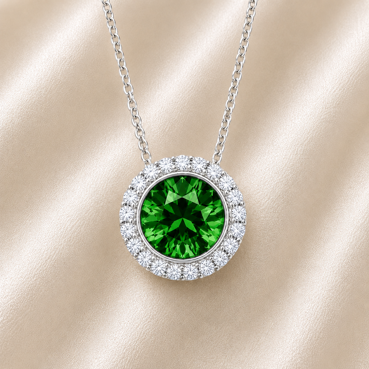 Green sapphire pendant with 6 mm round stone in white gold-plated 925 silver, accented with moissanite and adjustable cable chain. Available now at BSI Jewelry.