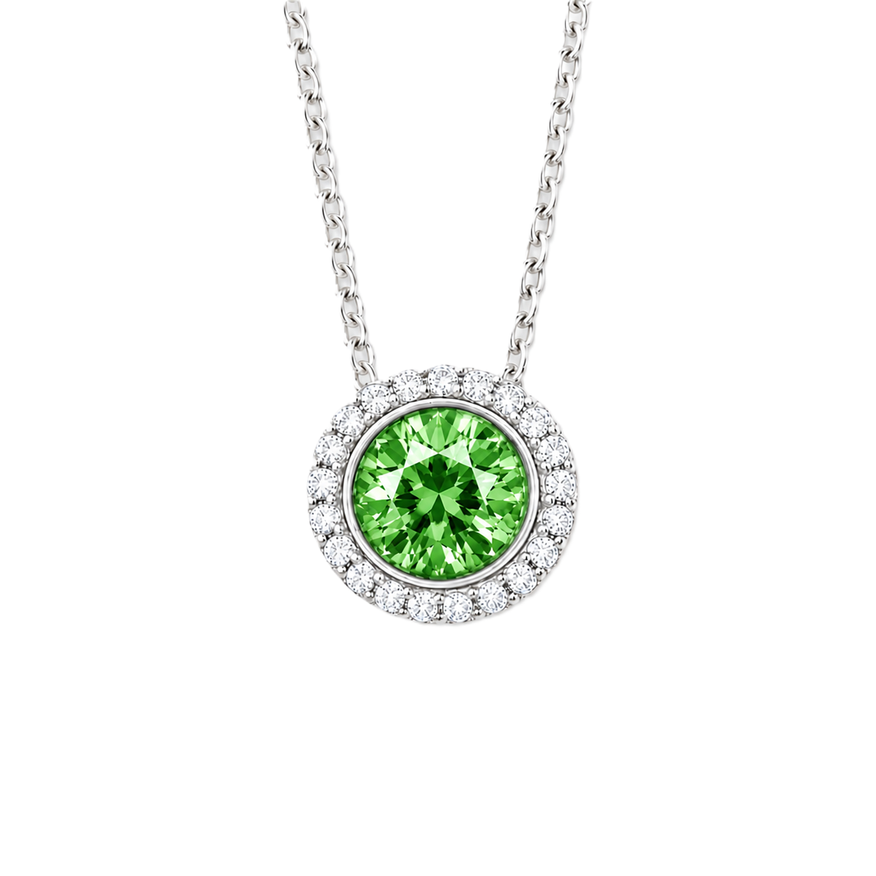 Green sapphire pendant with 6 mm round stone in white gold-plated 925 silver, accented with moissanite and adjustable cable chain. Available now at BSI Jewelry.