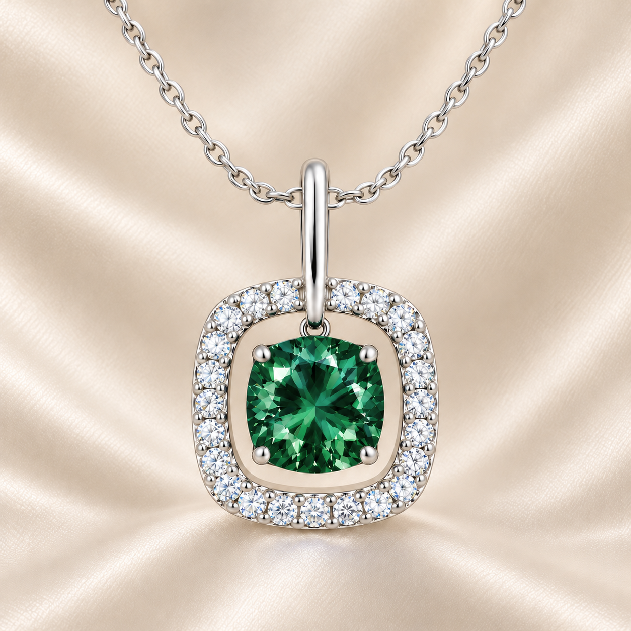 Green sapphire pendant with a 7 mm cushion cut and moissanite halo, crafted in white gold-plated 925 silver. Elegant and radiant. Available now at BSI Jewelry.