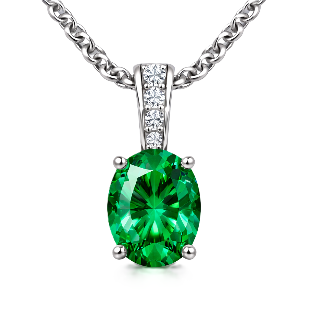 Green sapphire pendant, 7×5 mm oval, crafted in white gold-plated 925 silver. Elegant and hypoallergenic for daily wear. Available now at BSI Jewelry.