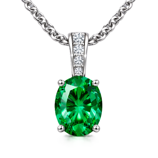 Green sapphire pendant, 7×5 mm oval, crafted in white gold-plated 925 silver. Elegant and hypoallergenic for daily wear. Available now at BSI Jewelry.