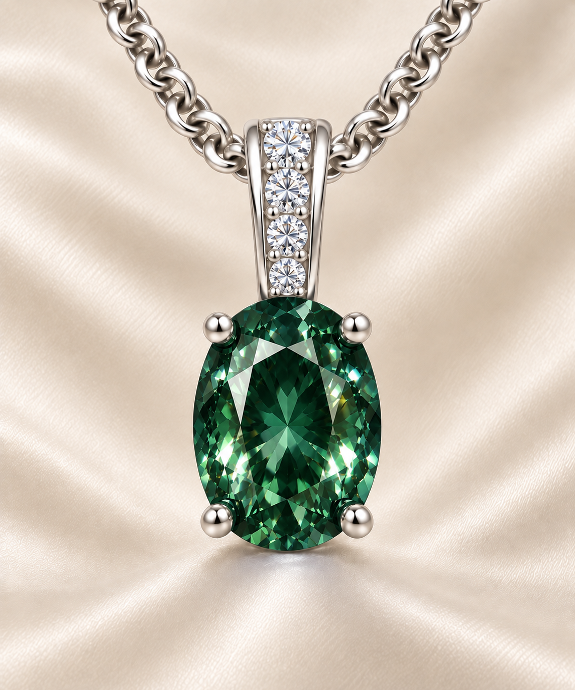 Green sapphire pendant, 7×5 mm oval, crafted in white gold-plated 925 silver. Elegant and hypoallergenic for daily wear. Available now at BSI Jewelry.