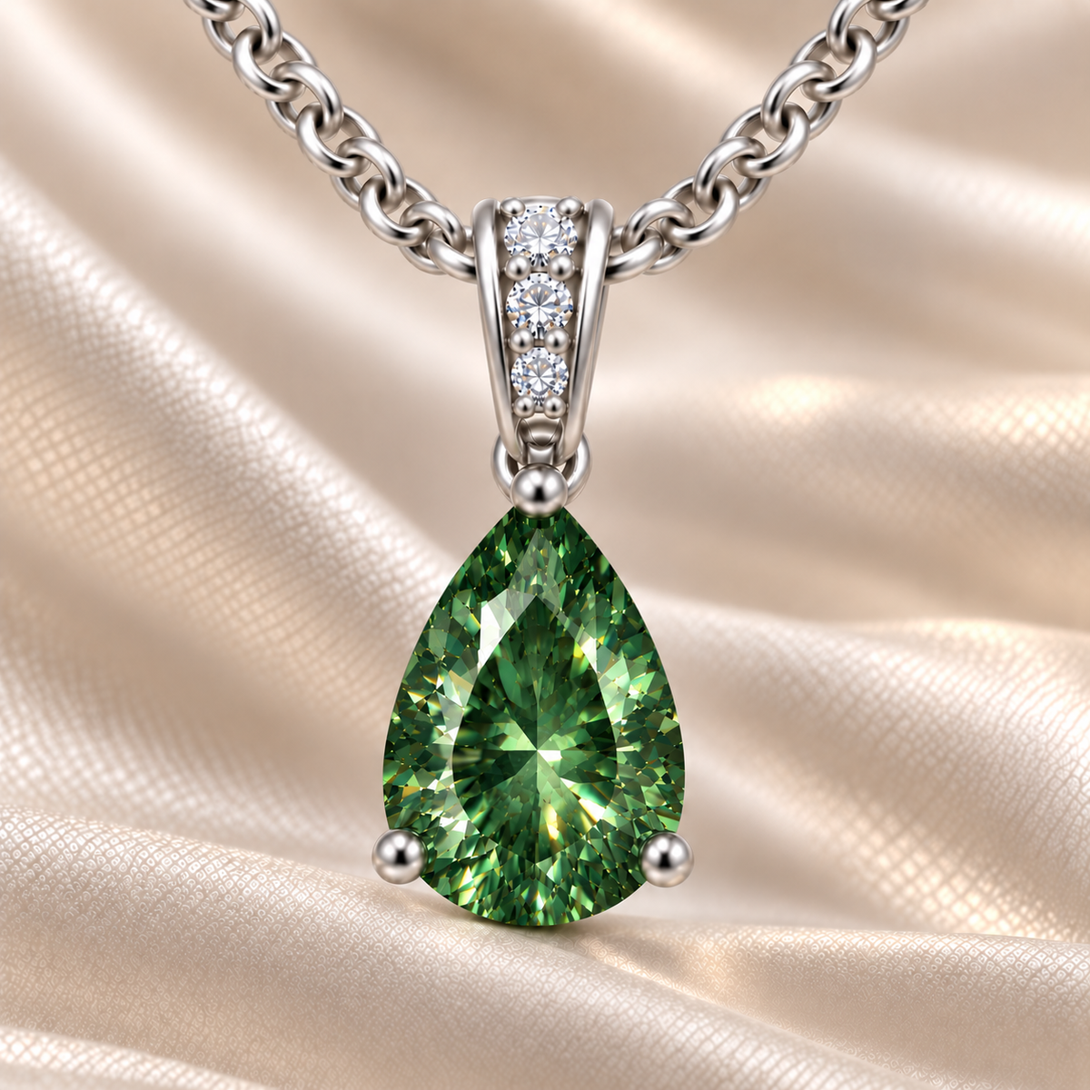 Green sapphire pendant with a 7×5 mm pear cut, set in white gold-plated 925 silver. Fresh, elegant, and refined for daily wear. Available now at BSI Jewelry.