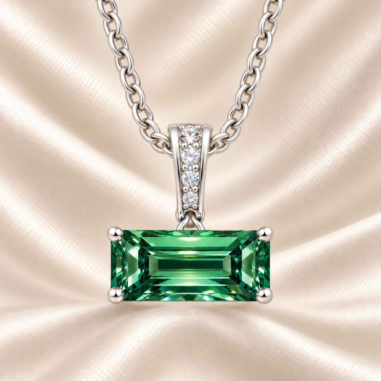 Green sapphire pendant with an 8×5 mm baguette in white gold-plated 925 silver, accented with moissanite. Elegant and refined. Available now at BSI Jewelry.