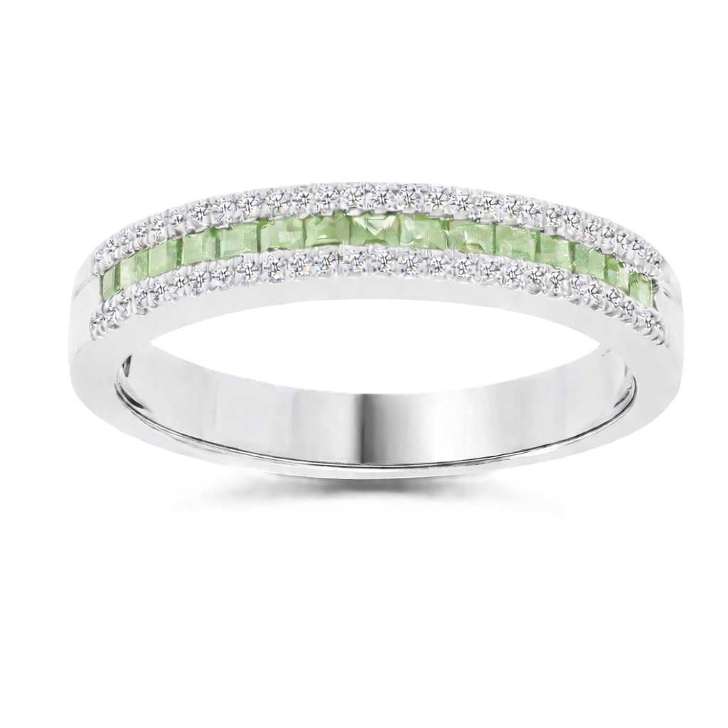 Green sapphire ring with 1.40 mm square stones in white gold-plated 925 silver, accented with moissanite for refined sparkle. Available now at BSI Jewelry.