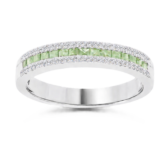 Green sapphire ring with 1.40 mm square stones in white gold-plated 925 silver, accented with moissanite for refined sparkle. Available now at BSI Jewelry.