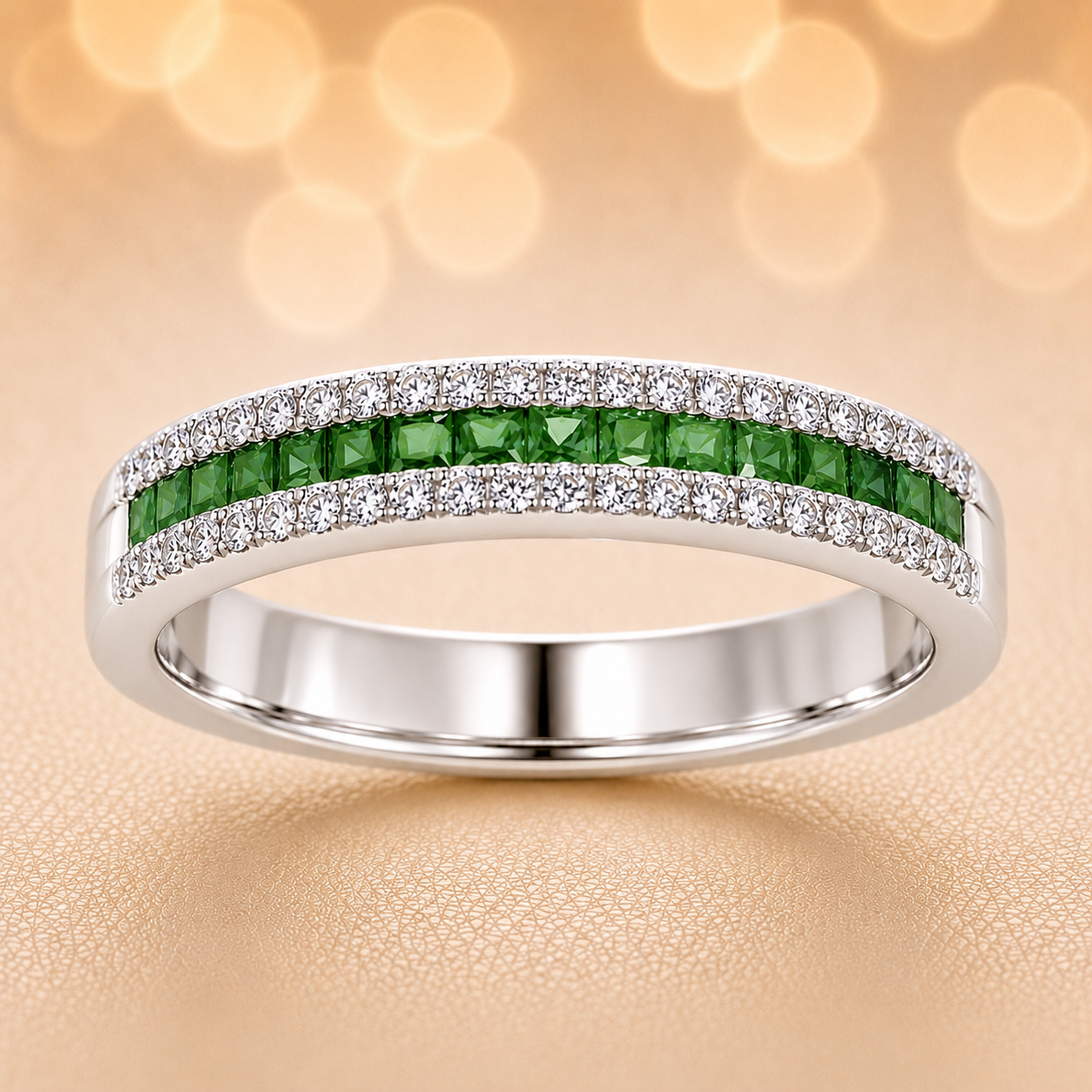 Green sapphire ring with 1.40 mm square stones in white gold-plated 925 silver, accented with moissanite for refined sparkle. Available now at BSI Jewelry.