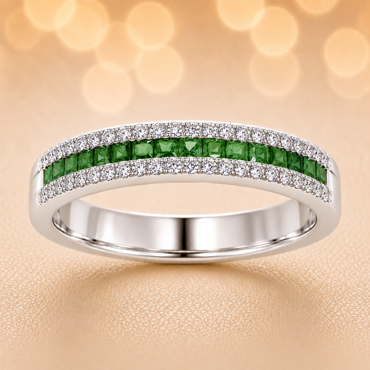 Green sapphire ring with 1.40 mm square stones in white gold-plated 925 silver, accented with moissanite for refined sparkle. Available now at BSI Jewelry.
