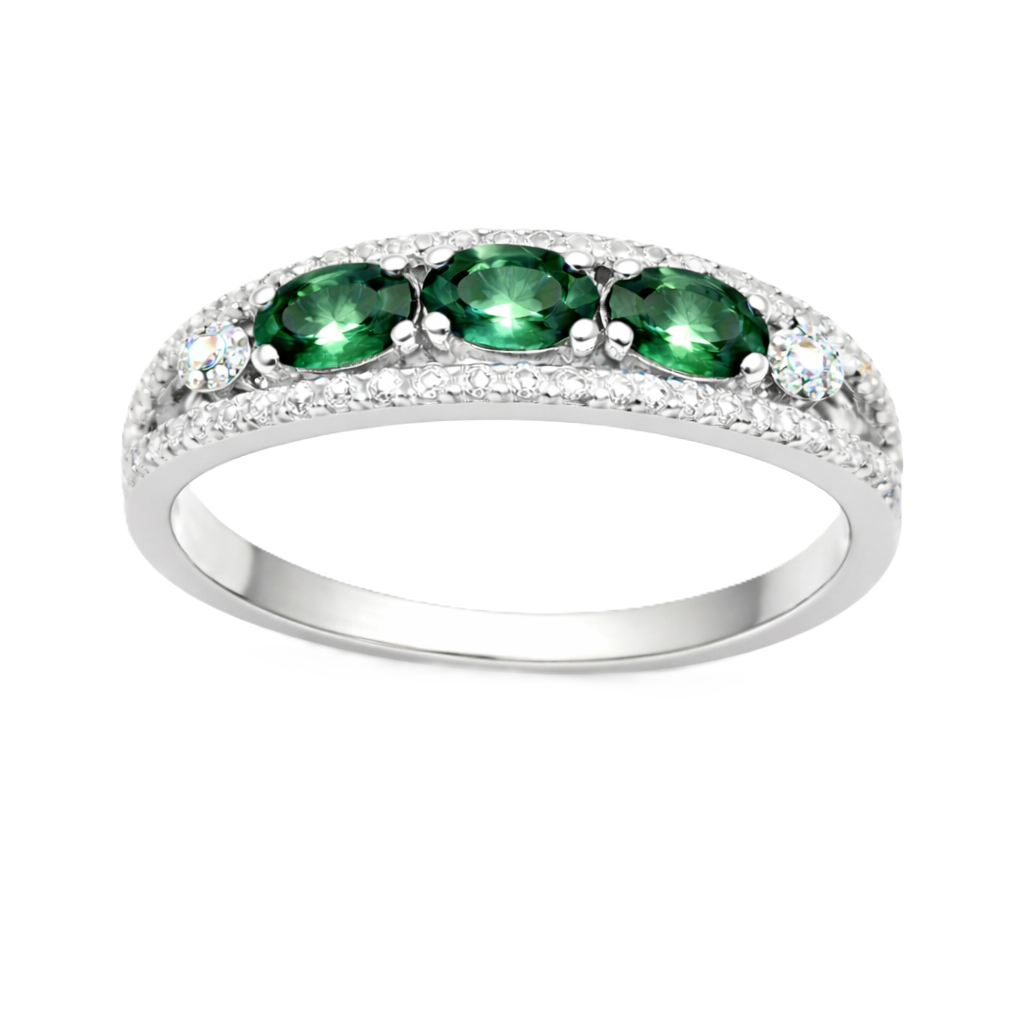 Green sapphire ring with 5×3 mm oval stones in white gold-plated 925 silver. Fresh, elegant, and hypoallergenic. Available now at BSI Jewelry.